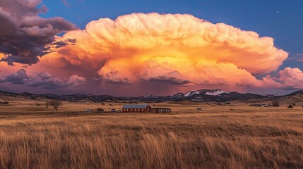 Fototapeta premium a barn in the middle of a field with mountains in the background The sky is filled with clouds and the sun is setting, casting a warm orange glow over the landscap