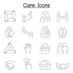 Fototapeta premium Care, Protect, Charity, Donation icon set in thin line style
