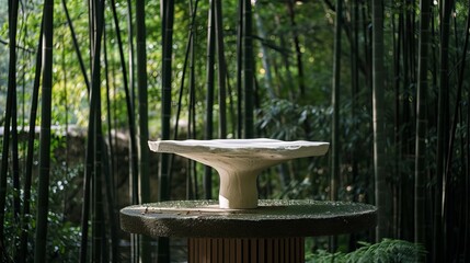 A serene stone birdbath surrounded by lush green bamboo, evoking tranquility in nature.