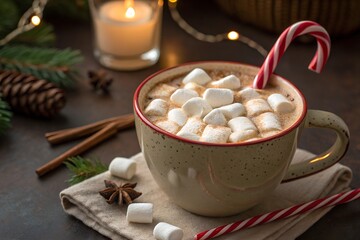 Hot Cocoa with Marshmallows and Candy Cane. Generative AI
