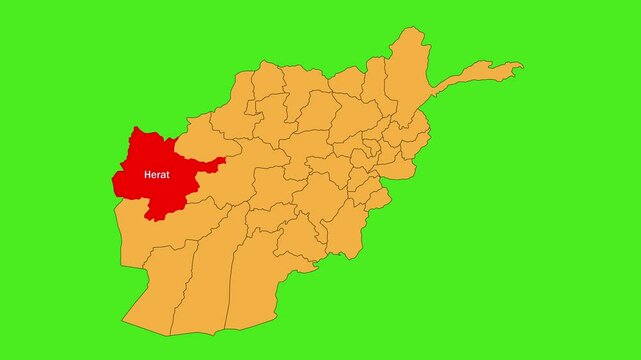 Herat map animated video. The location is highlighted on the Afghanistan map. Colour map with Green screen background in video format.