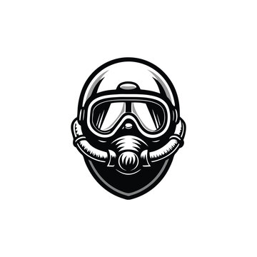 recommend clip art: Create a bold, black line art illustration of a scuba diving mask, suitable for editorial use.  Emphasis on clean lines and strong contrast.