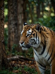 Tiger in a tense natural forest setting.