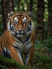 Naklejka premium Tiger in a tense natural forest setting.