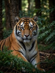 Obraz premium Tiger in a tense, natural forest setting.