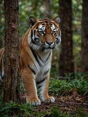 Obraz premium Tiger in a tense, natural forest setting.