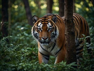 Obraz premium Tiger lurking in dense, wild forest.