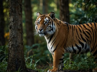 Obraz premium Tiger lurking in dense, wild forest.