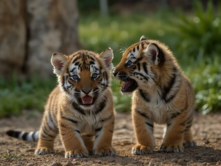 Tiger puppies playing outdoors.