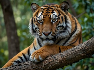 Obraz premium Tiger resting on a tree branch, taking in the view.