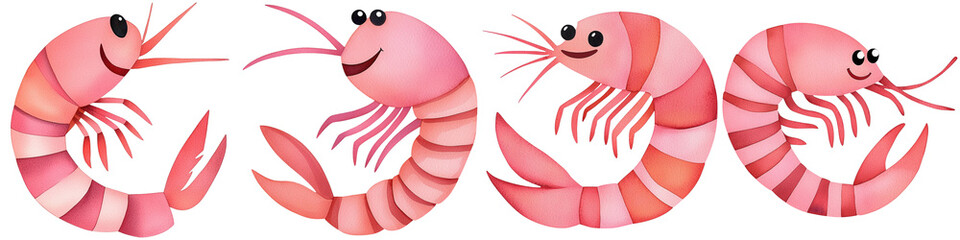 Fototapeta premium Under sea watercolor, A colorful illustration of four shrimp, each in a different pose, showcasing their distinctive pink coloration and elongated bodies.