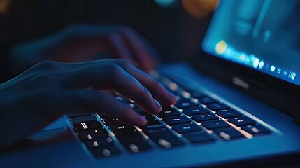 Close-up of hands typing on laptop keyboard at night.