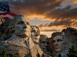 Obraz premium Timelapse sunrise over Mount Rushmore with a USA flag.