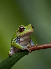 Naklejka premium Tiny frog perched on a green leaf.