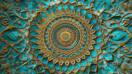 A beautiful turquoise mandala with intricate patterns, offering a serene and spiritual feel with space for your message on the background