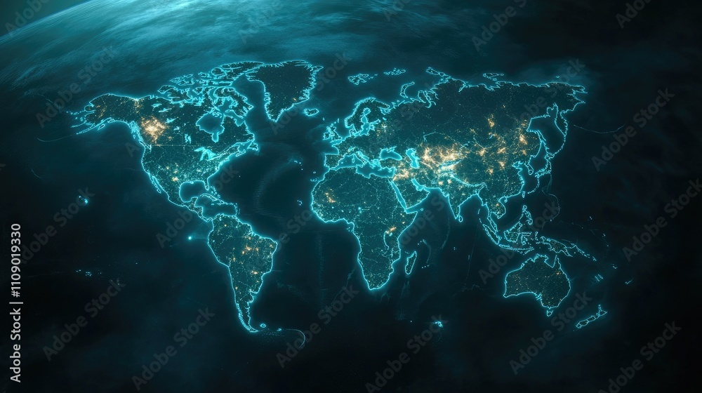 Poster A blue 3D world map with illuminated continents and country borders, creating a futuristic and dynamic look. Ideal for presentations or tech-focused visuals.