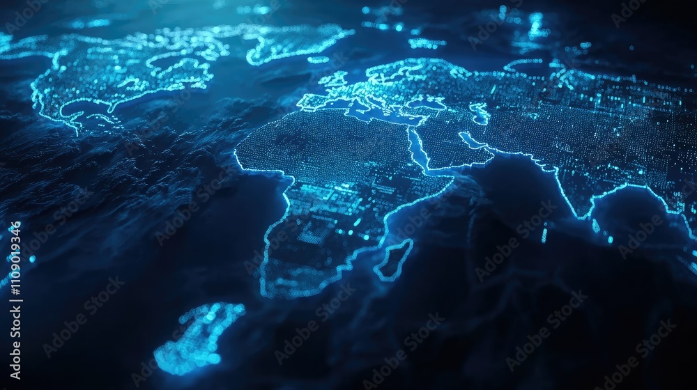 Poster A blue 3D world map with illuminated continents and country borders, creating a futuristic and dynamic look. Ideal for presentations or tech-focused visuals.