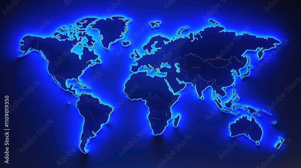 Poster A blue 3D world map with illuminated continents and country borders, creating a futuristic and dynamic look. Ideal for presentations or tech-focused visuals.