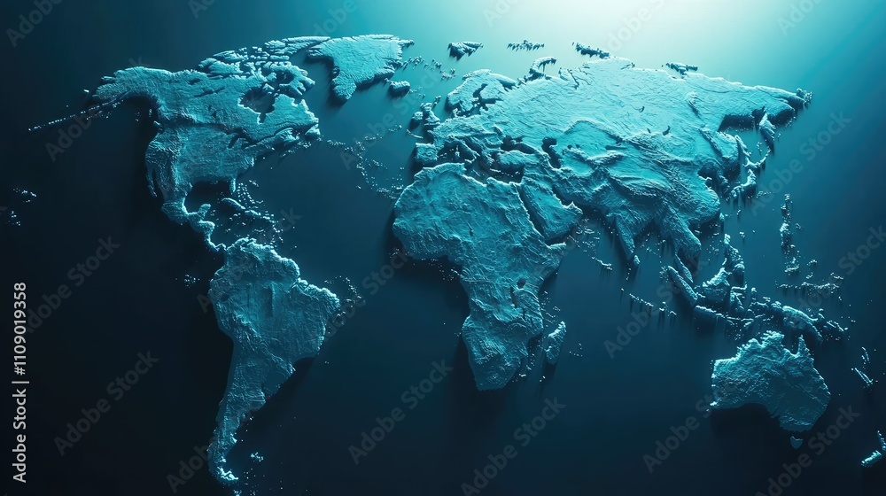 Poster A blue 3D world map with illuminated continents and country borders, creating a futuristic and dynamic look. Ideal for presentations or tech-focused visuals.