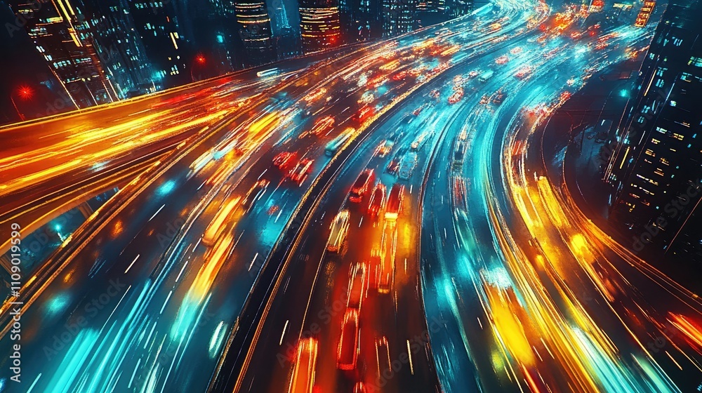 Poster a busy urban highway with flowing traffic at night, colorful lights creating streaks of motion and e