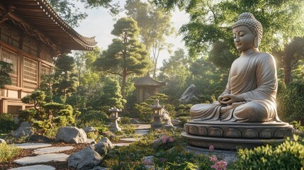 Obraz premium A Buddha statue in a peaceful meditation pose amidst a Japanese temple garden, featuring beautiful bonsai trees and delicate stone lanterns