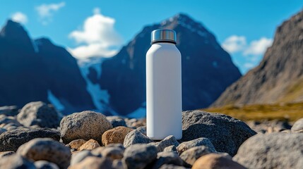 A clean, modern white stainless steel water bottle resting on a pile of rocks with towering mountain peaks and blue skies in the background