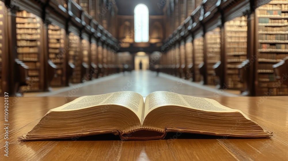 Aufkleber a close-up of an open book on a wooden desk in a historic library interior, with rows of ancient boo