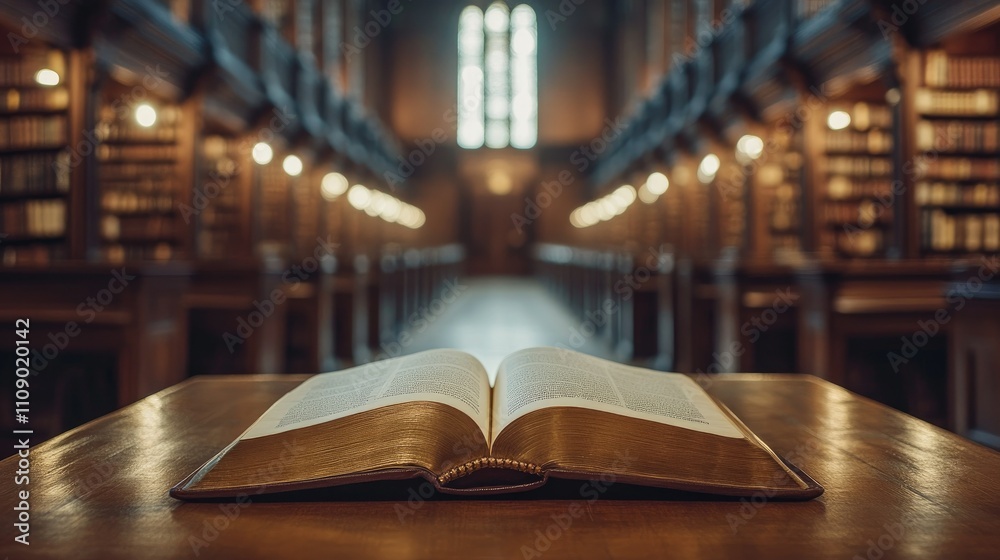 Poster A close-up of an open book on a wooden desk in a historic library interior, with rows of ancient books and soft lighting creating a nostalgic atmosphere x