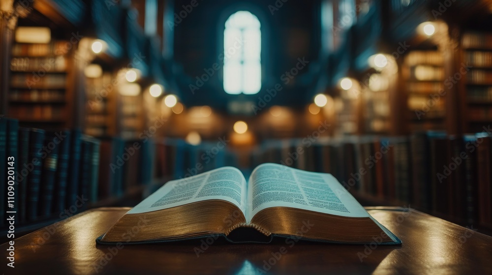 Aufkleber a close-up of an open book on a wooden desk in a historic library interior, with rows of ancient boo
