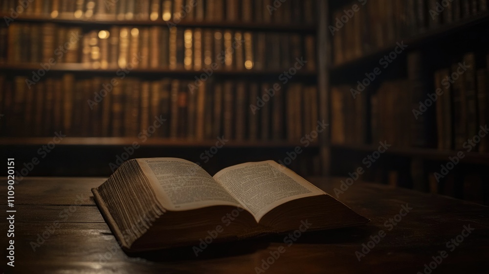 Poster A close-up of an open book on a wooden desk in a historic library interior, with rows of ancient books and soft lighting creating a nostalgic atmosphere x