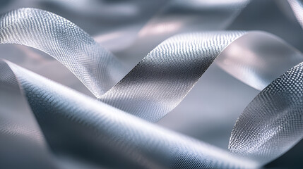 Curly silver Gift ribbon on shiny background close-up , Beautiful white ribbon reel on gray background, white spiral ribbon, background or texture
