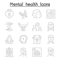 Fototapeta premium Mental health & psychology icon set in thin line style