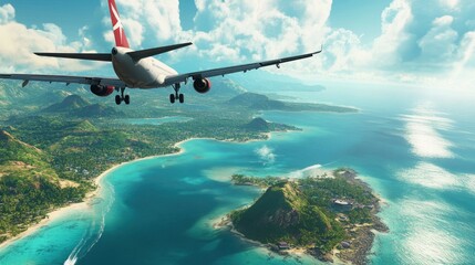 Naklejka premium A commercial airplane flying high over a vibrant tropical island with turquoise seas, surrounded by clear skies and exotic palm trees
