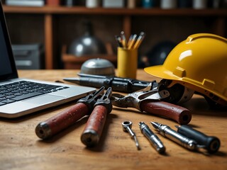 Tools and helmets on a desktop