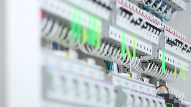 An electric switchboard for the organization of electricity supply to the apartment. Close-up. Soft focus.