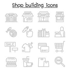 Fototapeta premium Shop building, Shopping mall, supermarket icon set in thin line style