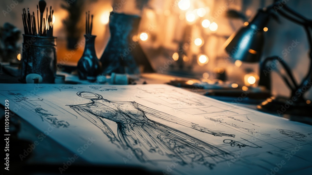 Poster A detailed fashion design sketch set against a blueprint backdrop, with soft bokeh lights creating a dreamy, stylish atmosphere in the studio