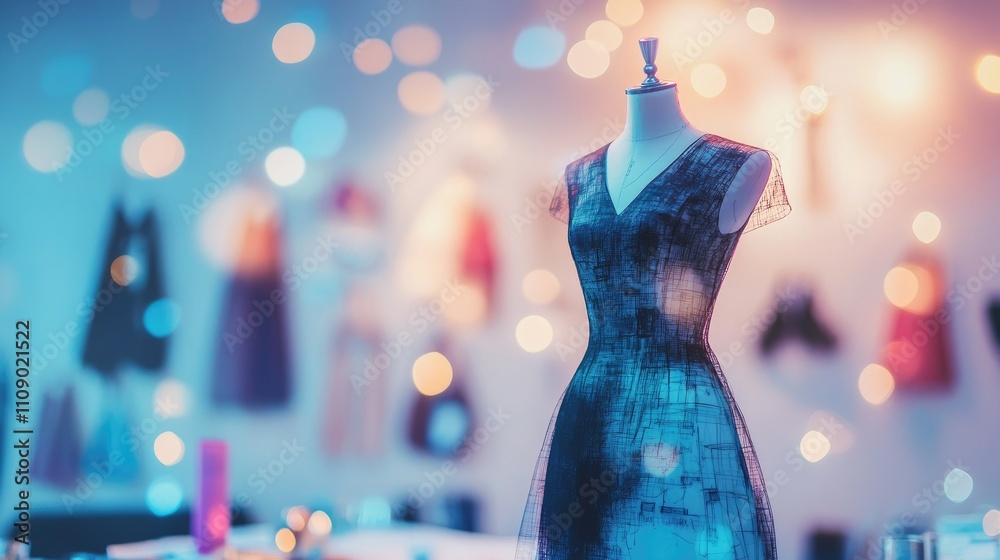 Poster A detailed fashion design sketch set against a blueprint backdrop, with soft bokeh lights creating a dreamy, stylish atmosphere in the studio