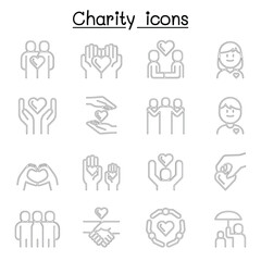 Fototapeta premium Charity, Kindness, Friendship, care icon set in thin line style