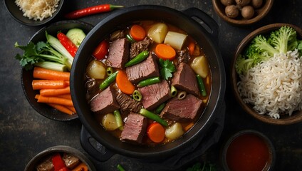 Top view of Asian hot pot with beef and vegetables.