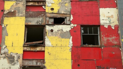 A dilapidated urban building with peeling red and yellow paint, broken windows, and graffiti art, reflecting both decay and cultural vibrancy
