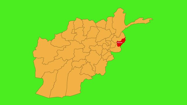 Kunar map animated video. The location is highlighted on the Afghanistan map. Colour map with Green screen background in video format.