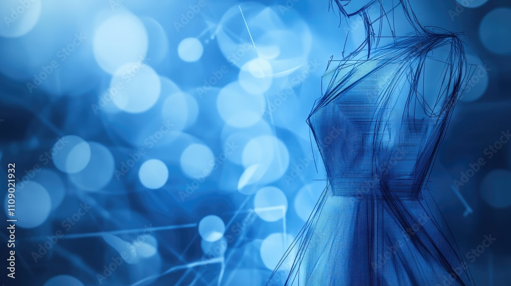 Poster A fashion design sketch with elegant lines and details, set against a blueprint background and bokeh lights, reflecting a stylish studio atmosphere