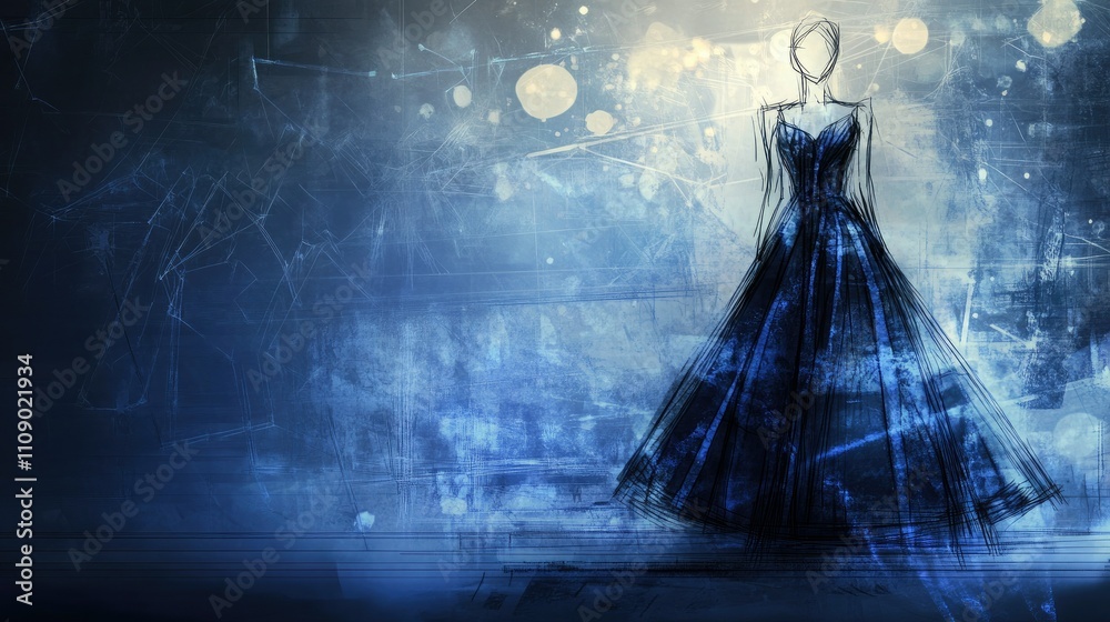 Poster A fashion design sketch with elegant lines and details, set against a blueprint background and bokeh lights, reflecting a stylish studio atmosphere