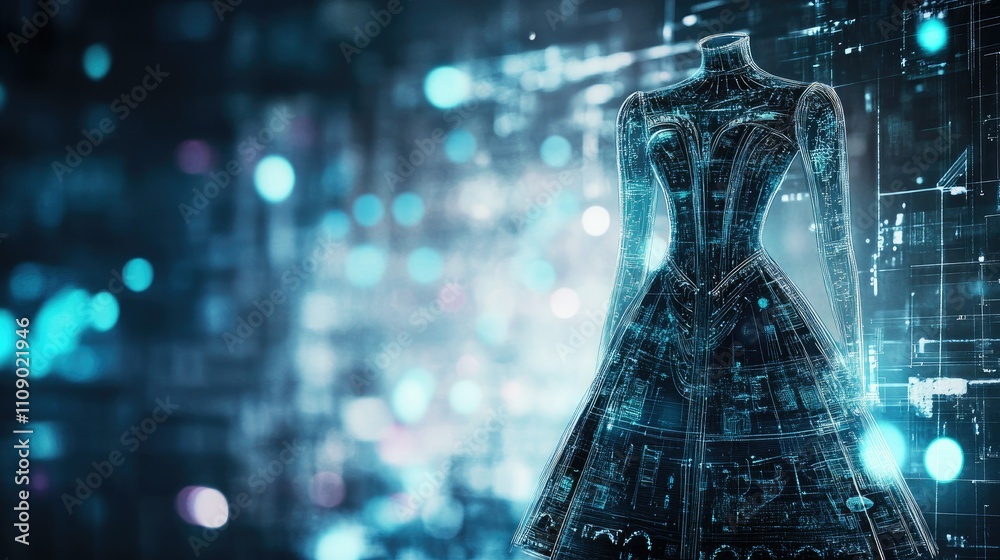 Aufkleber A fashion design sketch with elegant lines and details, set against a blueprint background and bokeh lights, reflecting a stylish studio atmosphere