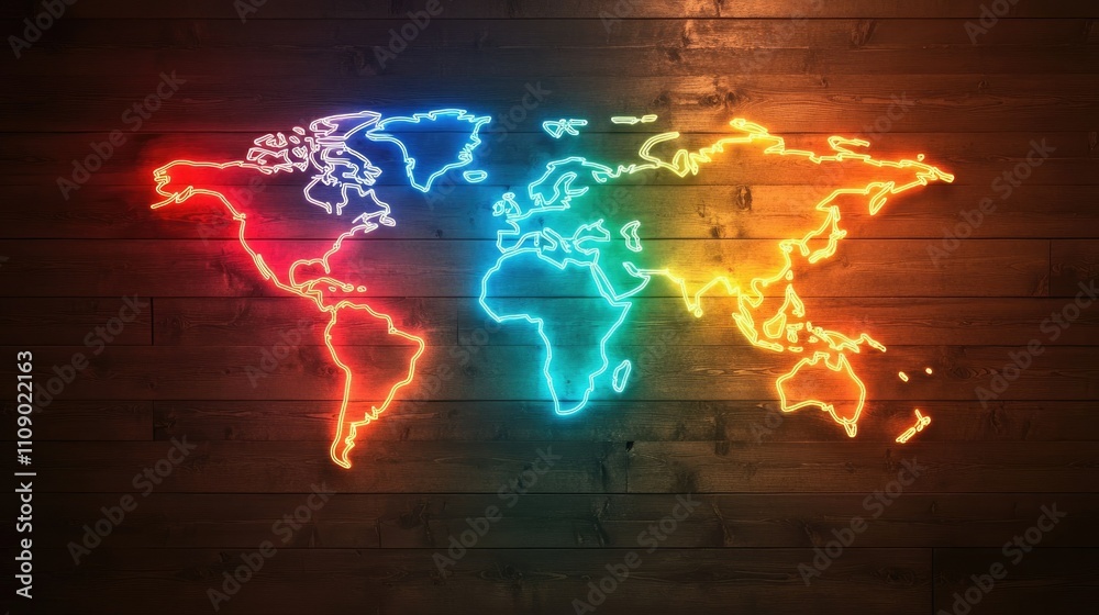 Poster a glowing world map displayed on a wooden wall, highlighting the continents in bright colors, creati