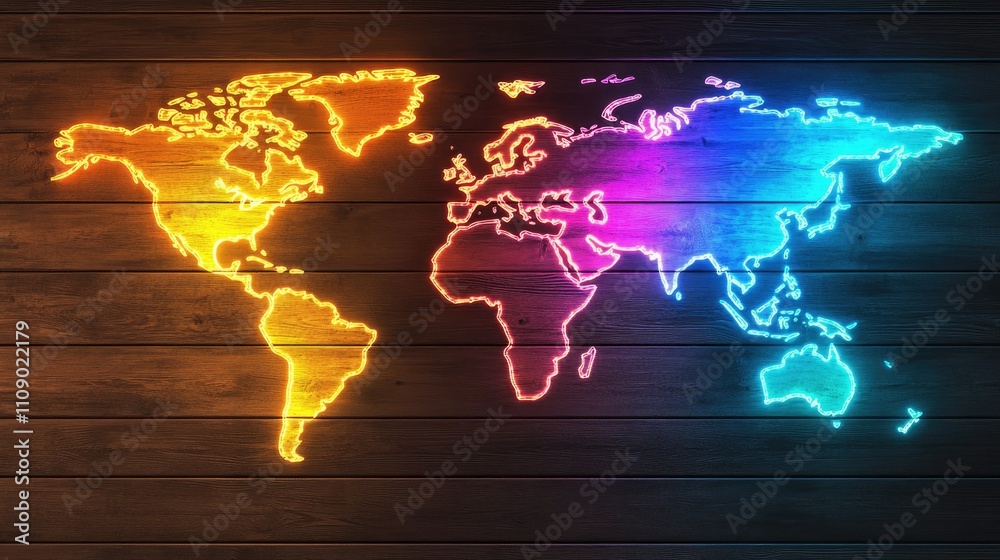 Poster a glowing world map displayed on a wooden wall, highlighting the continents in bright colors, creati