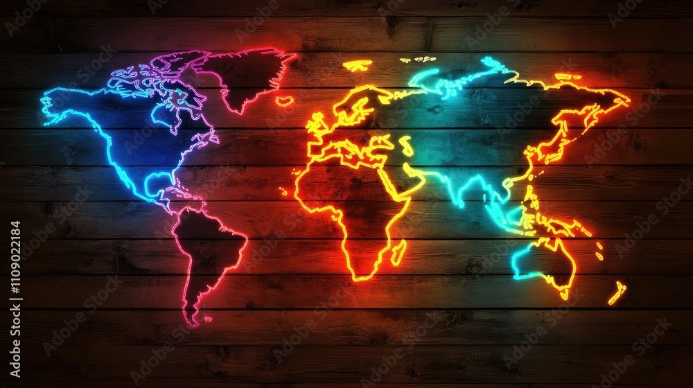 Poster a glowing world map displayed on a wooden wall, highlighting the continents in bright colors, creati