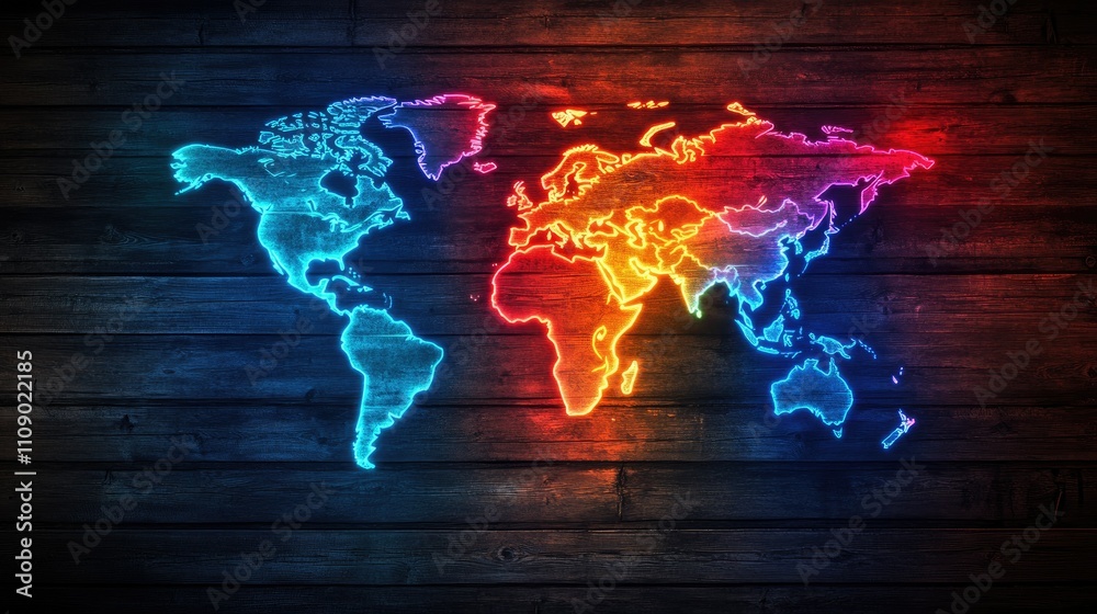 Poster a glowing world map displayed on a wooden wall, highlighting the continents in bright colors, creati