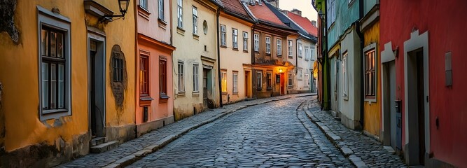 Fototapeta premium A quiet, winding street in a historic European town, with cobblestone paths and colorful buildings lining both sides, bathed in soft evening light
